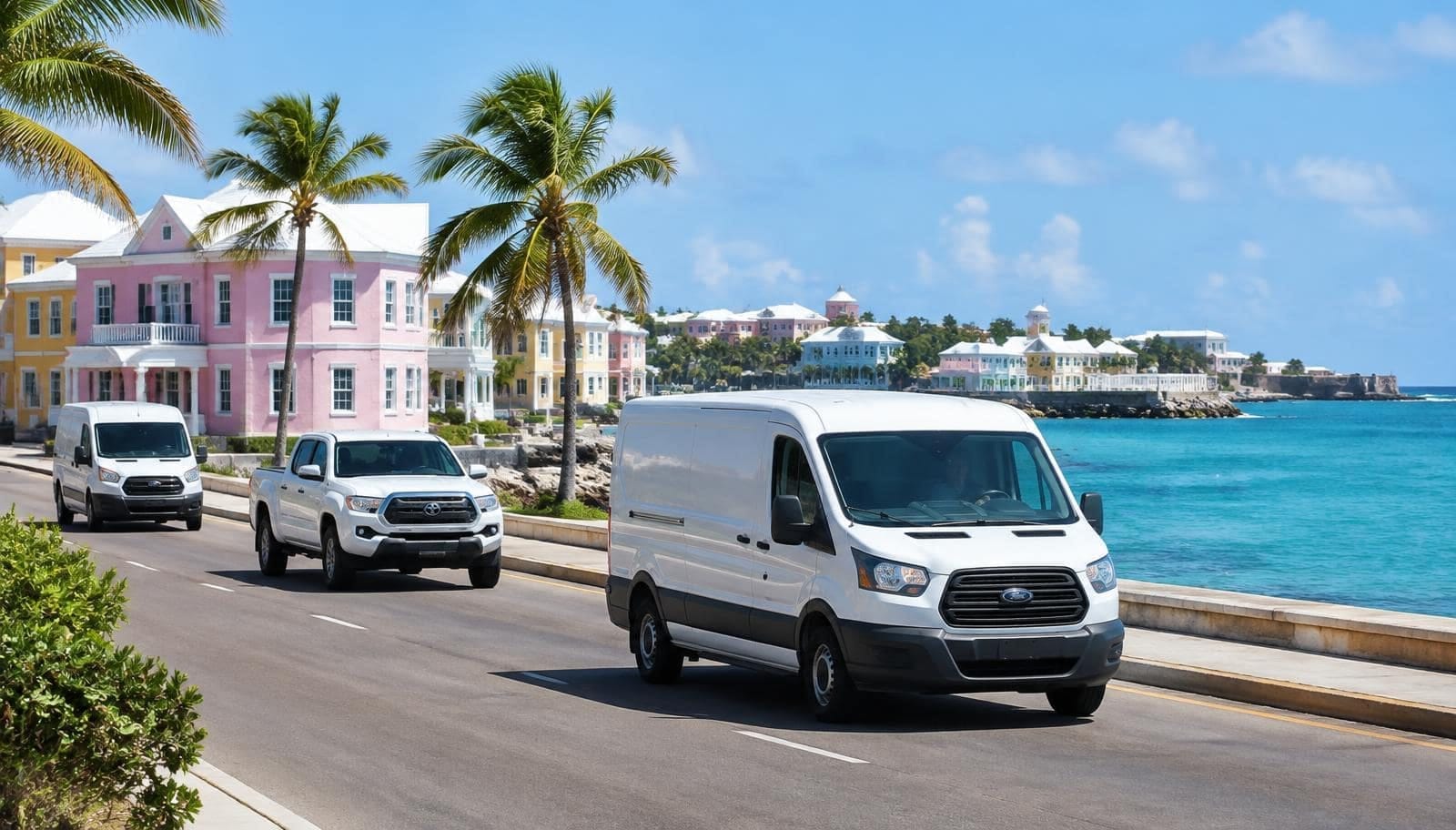 Commercial vans and a pickup on a seafront road in Nassau, The Bahamas