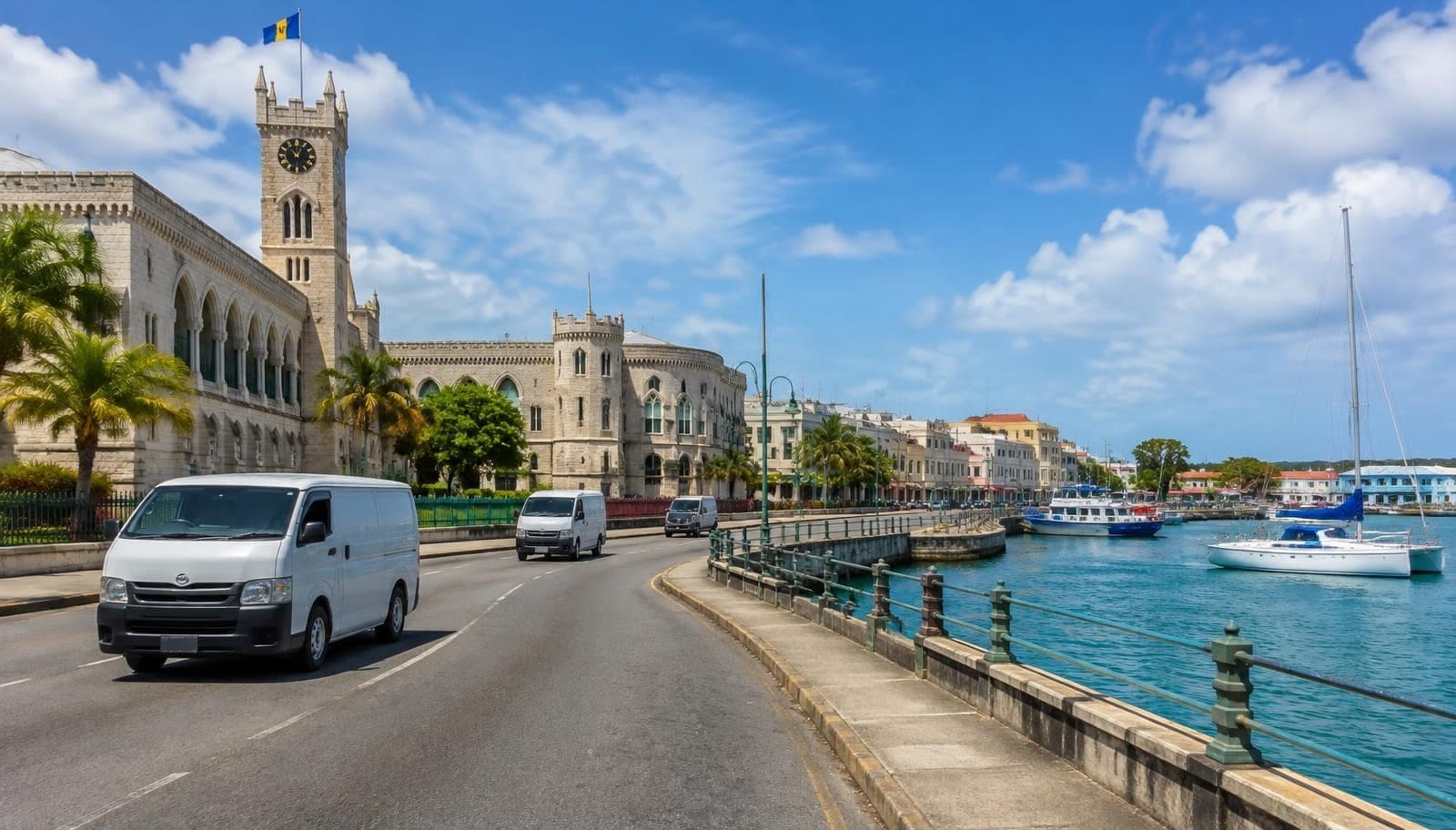 Commercial vans on the waterfront road in Bridgetown, Barbados