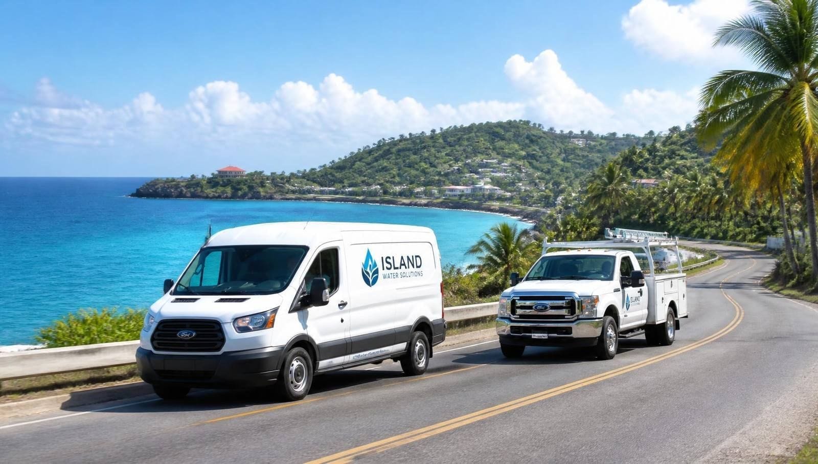 Fleet vans and a utility pickup on a sunlit Caribbean coastal highway in Turks & Caicos