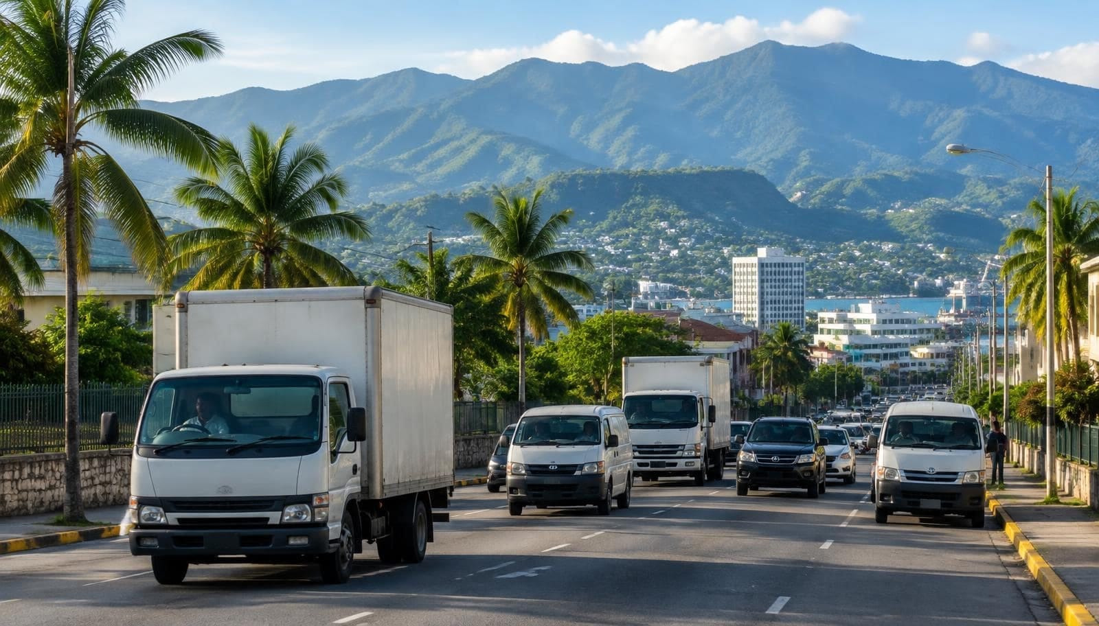 Delivery trucks and vans on a Kingston road with the Blue Mountains behind