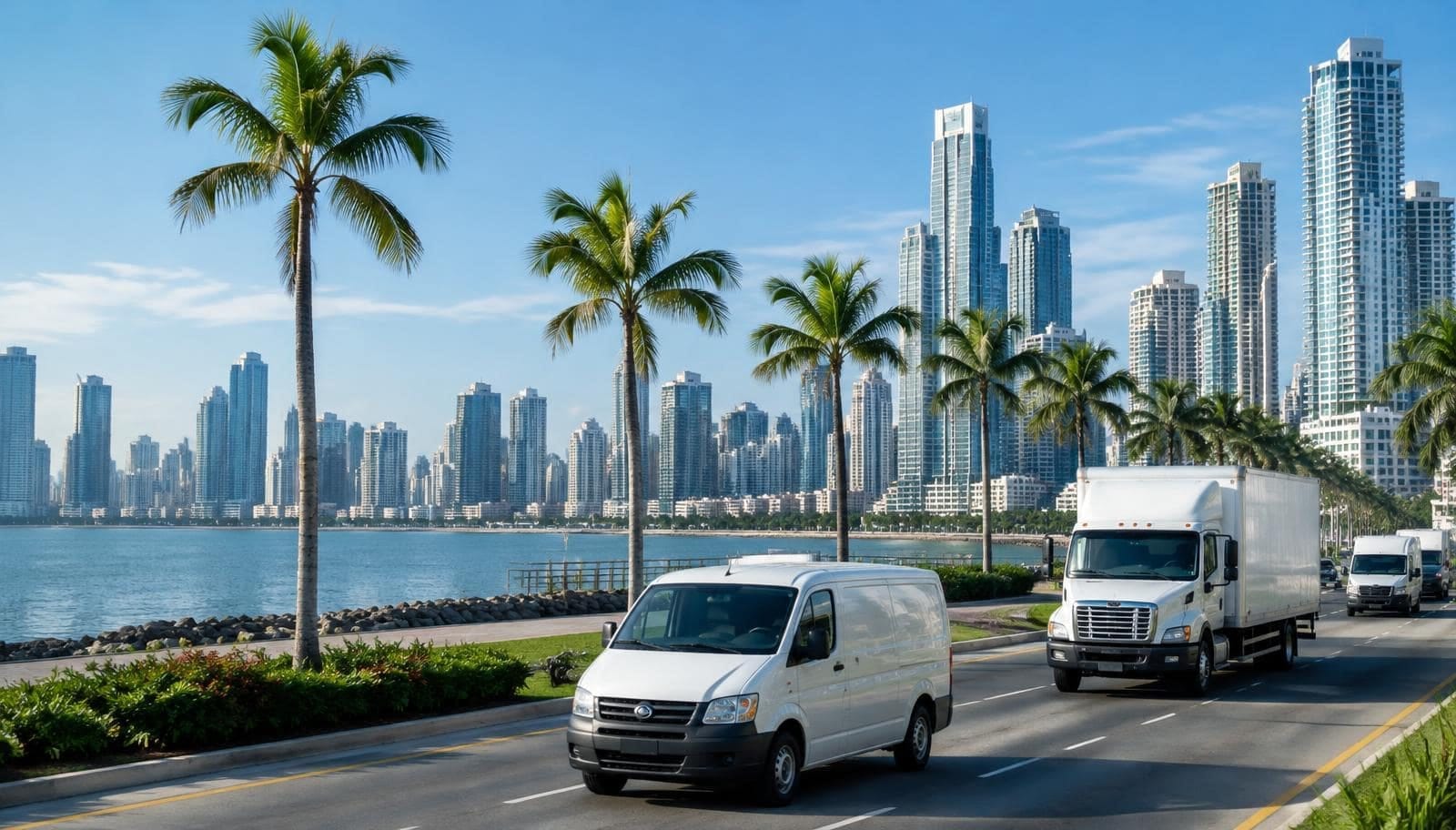 Commercial vans and a truck on the coastal road in Panama City with the skyline behind