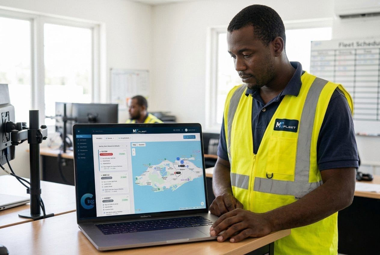 Fleet dispatcher in a high-visibility vest watching the MGFleet live map of Nassau on a laptop