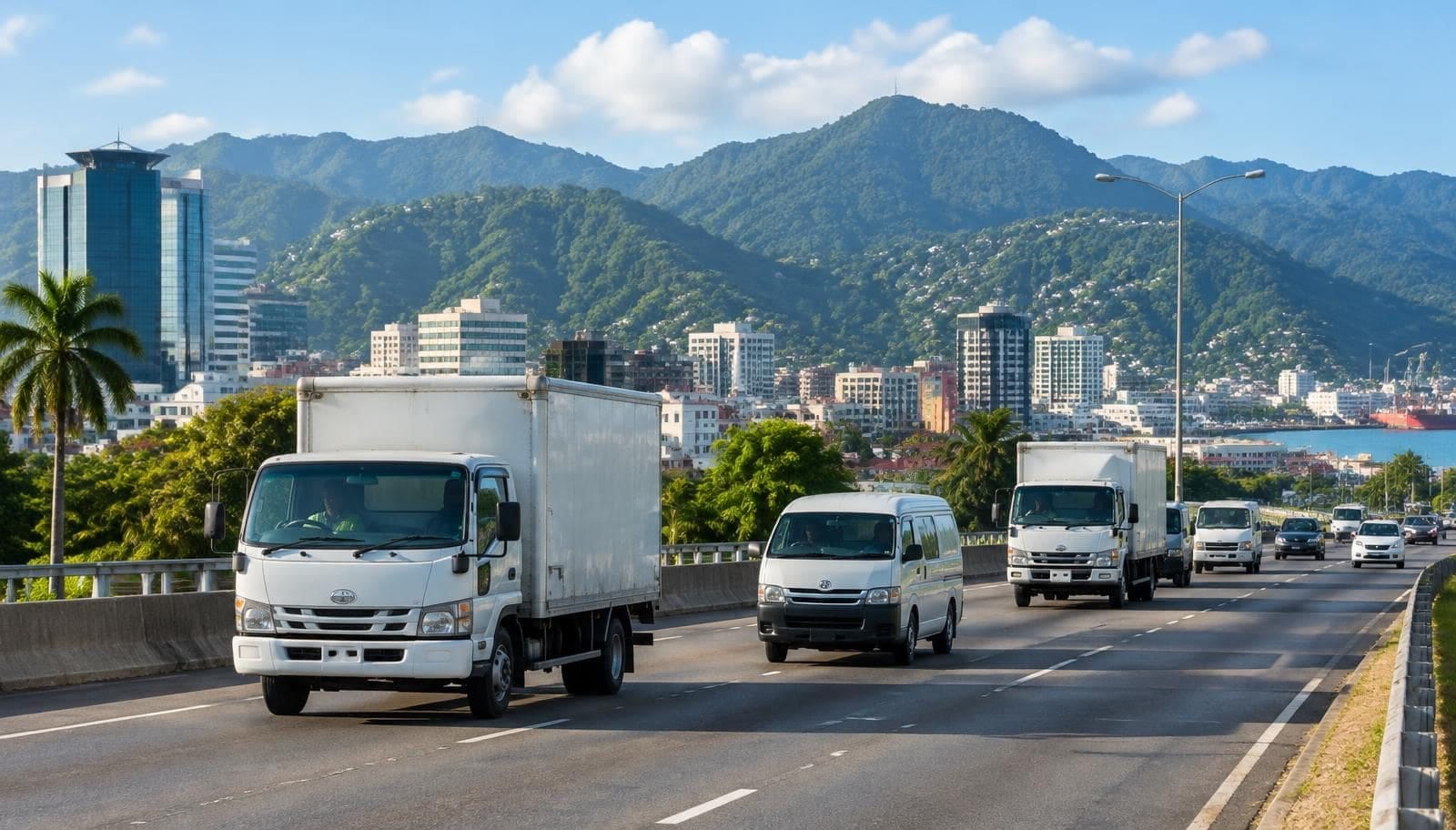 Delivery trucks and vans on a highway in Port of Spain with the Northern Range behind